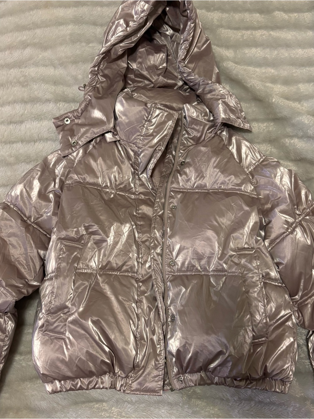 Light Pink Metallic Puffer Coat with Detachable Hood
